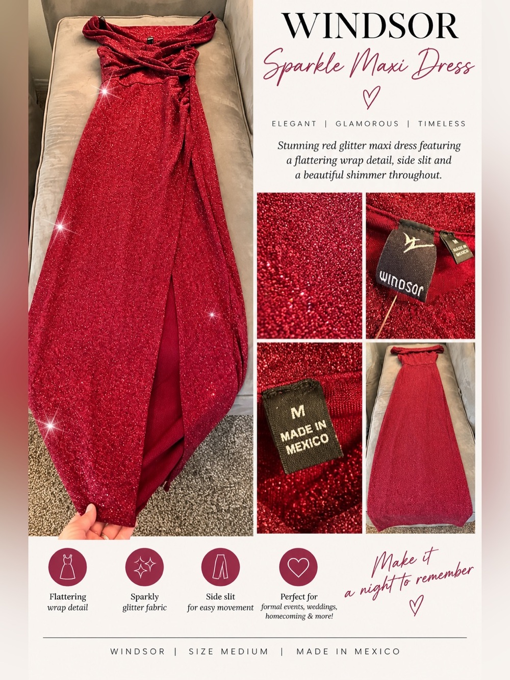 Windsor Red Glitter Maxi Dress with Wrap and Side Slit